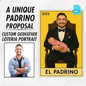 Portrait personnalisé de carte Loteria pour proposition de Padrino - Cadeau numérique personnalisé pour parrain - Photo à Loteria [PRODUIT NUMÉRIQUE]