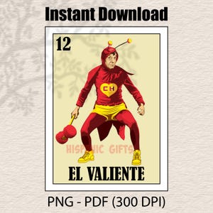 May include: A digital illustration of a character from a Mexican card game called "El Valiente". The character is wearing a red suit with a yellow heart on the chest that says "CH". The character is holding a pair of yellow dumbbells. The card is numbered "12".