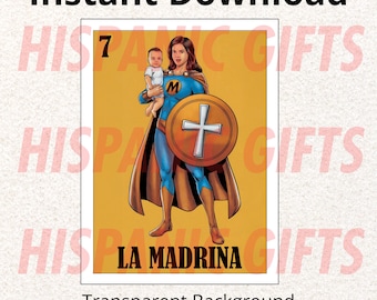 La Madrina Loteria PNG PDF Superhero Version - Hispanic Baptism Gift and Decoration - Digital File