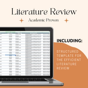 May include: A laptop displays a spreadsheet with data, set against a beige background. The text "Literature Review" and "Academic Proven" are at the top. The image includes the words "Including: Structured Template for the Efficient Literature Review."