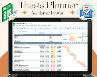 May include: A laptop displays a thesis planner spreadsheet with a Gantt chart and progress indicators. The screen shows the text "Thesis Planner" and "Academic Proven". Icons for Google and Excel are also visible.