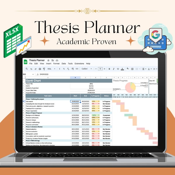 Thesis Planner - Excel/Google Sheets Vorlage - Digitaler Download