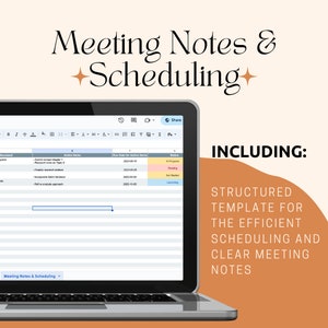 May include: A laptop displays a spreadsheet with meeting notes and scheduling information. The screen shows a table with columns for action items, due dates, and status. Text on the image reads "Meeting Notes & Scheduling" and "Including: Structured Template for the Efficient Scheduling and Clear Meeting Notes."