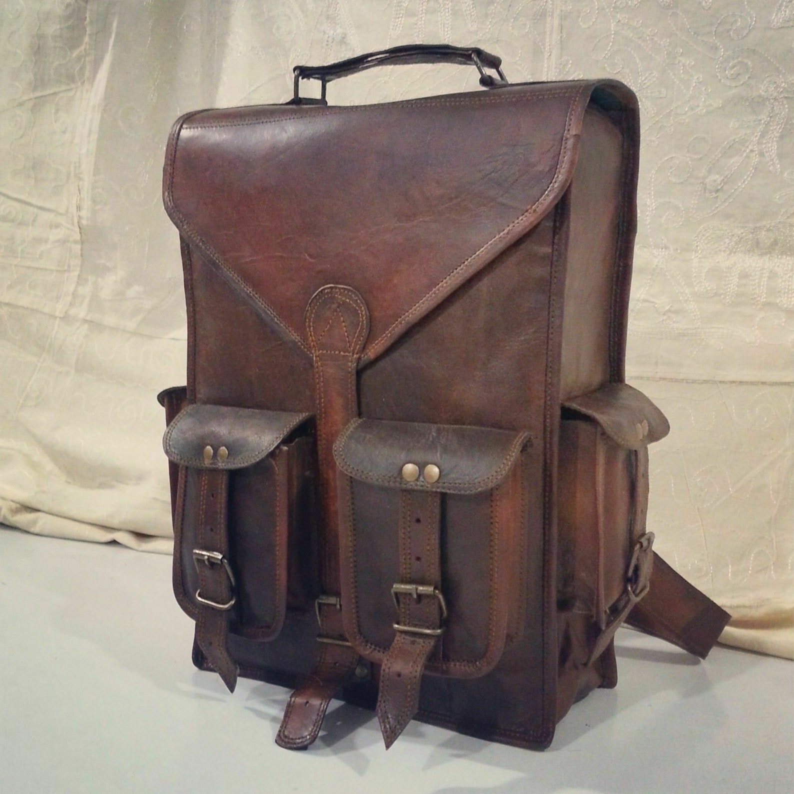 Vintage Leather Backpack Men's Shoulder Briefcase Rucksack - Etsy