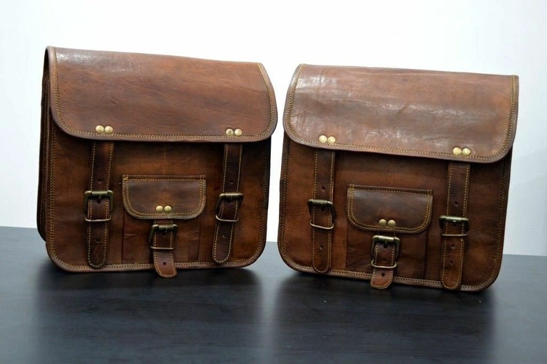 2 Side Motorcycle brown bag Leather Pouch 2 bags Saddle Bag goat leather bag