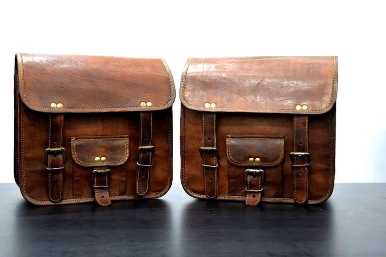2 Side Motorcycle brown bag Leather Pouch 2 bags Saddle Bag goat leather bag