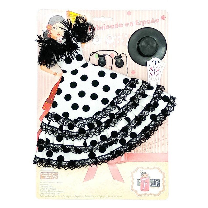 Vestido y complementos andaluza flamenca para muñecas tipo maniquí, tejido lunares. Muñeca no incluida. Fabricado en España Blanco lunar negro