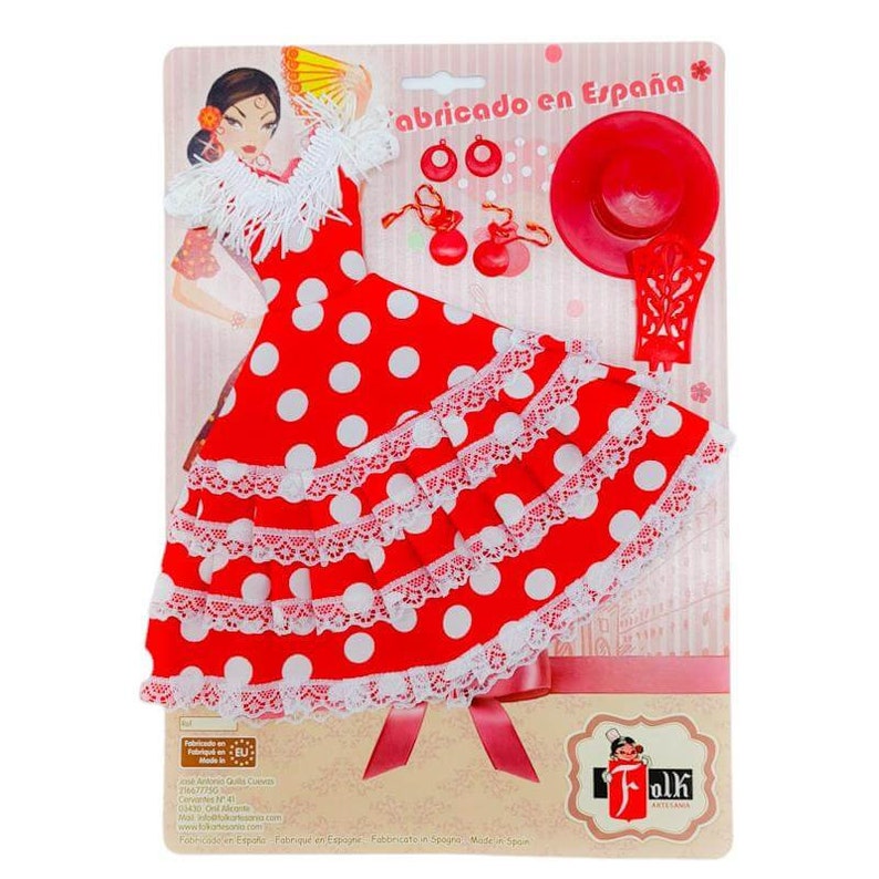 Vestido y complementos andaluza flamenca para muñecas tipo maniquí, tejido lunares. Muñeca no incluida. Fabricado en España Rojo lunar blanco