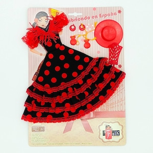 Vestido y complementos andaluza flamenca para muñecas tipo maniquí, tejido lunares. Muñeca no incluida. Fabricado en España Negro lunar rojo