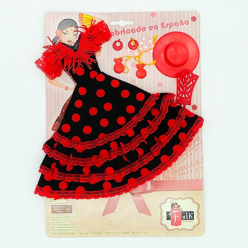 Vestido y complementos andaluza flamenca para muñecas tipo maniquí, tejido lunares. Muñeca no incluida. Fabricado en España Negro lunar rojo