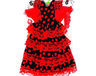 Vestido y complementos andaluza flamenca para muñecas Sintra, Simona o clásica 42 cm, tejido lunares. Muñeca no incluida Fabricado en España