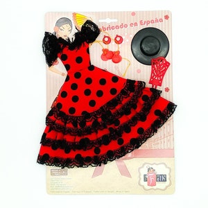 Vestido y complementos andaluza flamenca para muñecas tipo maniquí, tejido lunares. Muñeca no incluida. Fabricado en España Rojo lunar negro