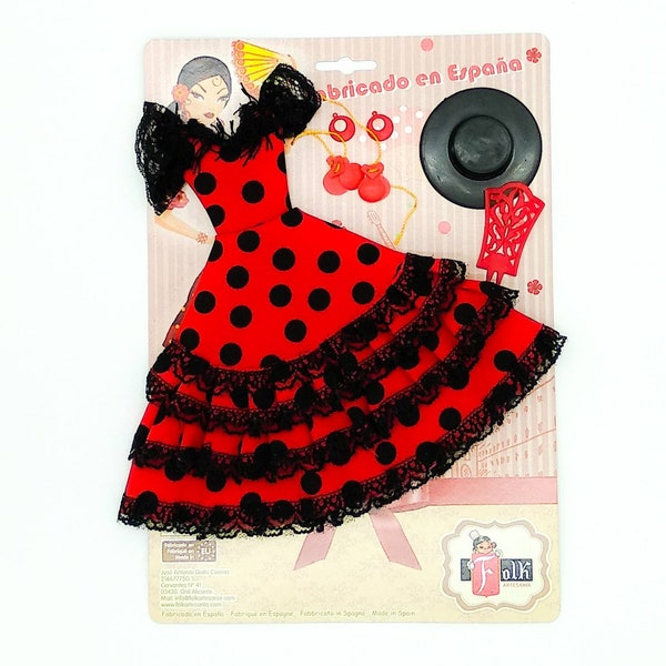 Vestido y complementos andaluza flamenca para muñecas tipo maniquí, tejido lunares. Muñeca no incluida. Fabricado en España