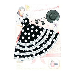 Vestido y complementos andaluza flamenca para muñecas tipo maniquí, tejido lunares. Muñeca no incluida. Fabricado en España Negro lunar blanco