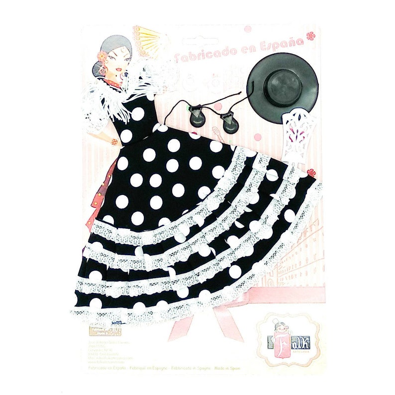 Vestido y complementos andaluza flamenca para muñecas tipo maniquí, tejido lunares. Muñeca no incluida. Fabricado en España Negro lunar blanco