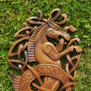 Hand Carved Wooden Celtic Water Horse / Kelpie Wall Hanging  | SHRINE