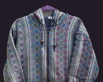 Green / Blue Thai Hill Tribe Fabric Hooded Jacket | Shrine Clothing