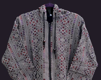 Off White / Red Thai Hill Tribe Fabric Hooded Jacket | Shrine Clothing