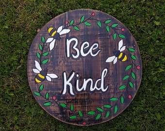 Hand Carved Painted Wooden 'Bee Kind' Wall Plaque Gift Bee Design