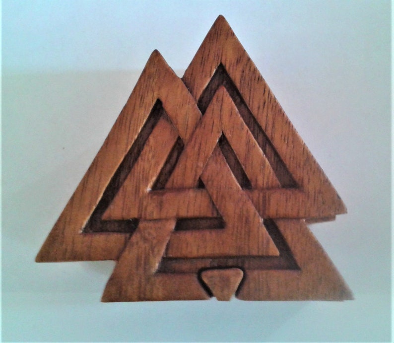 Hand Carved Wooden Trinket Jewellery Puzzle Box,Viking Valknut
