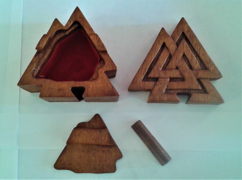 Hand Carved Wooden Trinket Jewellery Puzzle Box,Viking Valknut