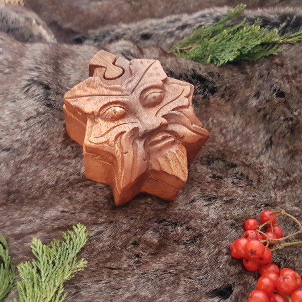 Hand Carved Wooden Trinket Jewellery Puzzle Box, Green-Man