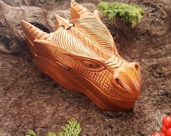 Hand Carved Wooden Trinket Jewellery Puzzle Box, Fantasy Mythical Dragon Head