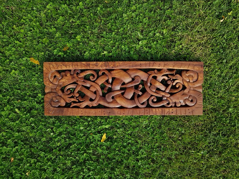 Hand Carved Wooden Brown Viking Norse Runes Panel Wall Hanging Gift New