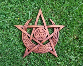 Hand Carved Wooden Celtic Moon Pentagram and Triskelion | SHRINE