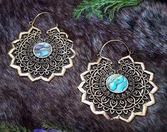 Brass Flower Mandala Earrings with Abalone Shell