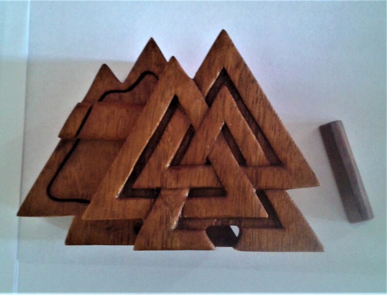 Hand Carved Wooden Trinket Jewellery Puzzle Box,Viking Valknut