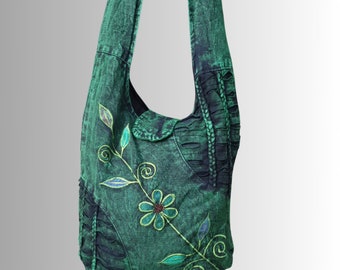 Dunkelgrüne geschlitzte Schultertasche aus Baumwolle mit Blumen Design