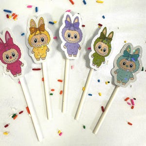 Labubu Cupcake Toppers, Bunny Party Picks, Pop Mart, Pastel Kawaii Decor, Holographic Dessert Toppers, Labubu Birthday or Baby Shower