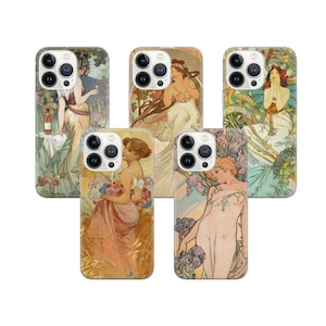 Può includere: Set di cinque custodie per iPhone con illustrazioni in stile Art Nouveau di donne in varie pose. Le custodie sono tutte bianche con un retro trasparente, che consente di vedere l'opera d'arte attraverso di essa. L'opera d'arte è in stile vintage, con colori tenui e dettagli intricati.