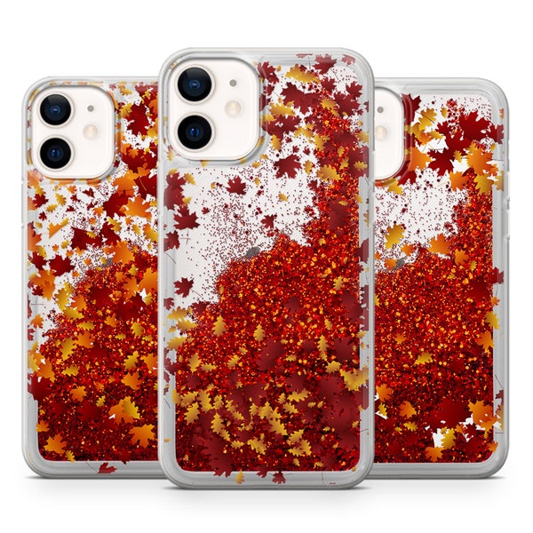 Fall Leaves Red Liquid Case Red Glitter Gel Cover For iPhone All Models - Floating Gold, Quicksand, Waterfall