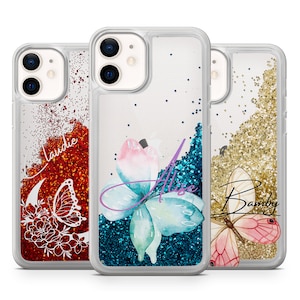 Personalised Butterfly detail Liquid Glitter Phone Case Gel Cover For iPhone All Models - Floating Gold, Quicksand, Waterfall
