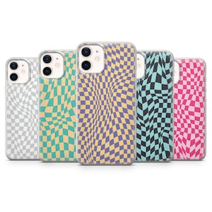 Funda para teléfono con diseño de cuadros ondulados y distorsionados para iPhone 14, 13, 12, 11, X, XR, 7+, 8+, SE, Samsung S22, S21, S21FE, Pixel 6a y Huawei