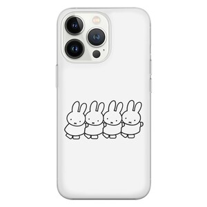 May include: White iPhone 13 Pro Max phone case with a black outline of four Miffy bunnies in a line.