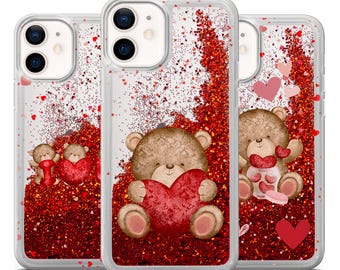 Teddy Bear Valentine iPhone Case, Liquid Glitter Hearts for iphones
