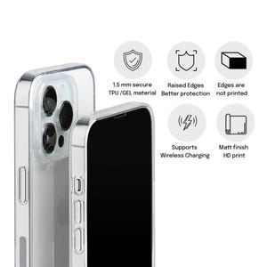 May include: A clear phone case shown from the front and back. Features include 1.5 mm secure TPU/GEL material, raised edges for protection, unprinted edges, wireless charging support, and a matte finish HD print, as indicated by the text labels.