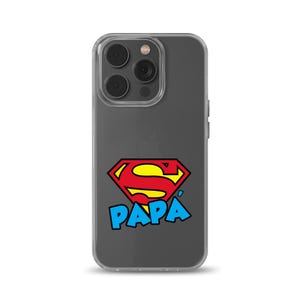 May include: A clear smartphone case featuring a graphic of a red and yellow diamond-shaped emblem resembling a superhero logo above the blue text PAP&Aacute;. The case has a cutout for a triple-lens camera system on the upper left corner of the device.