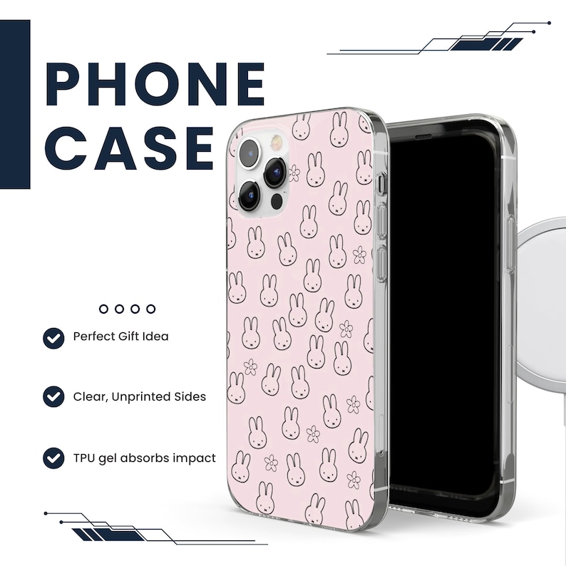 May include: A pink phone case with a white bunny rabbit pattern. The case has clear, unprinted sides and a TPU gel that absorbs impact.