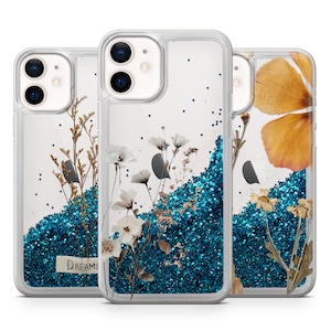 Dried Flower Liquid Glitter Phone Case Aesthetic natural Gel Mobile Cover For iPhone All Models Floating Gold, Quicksand, Waterfall