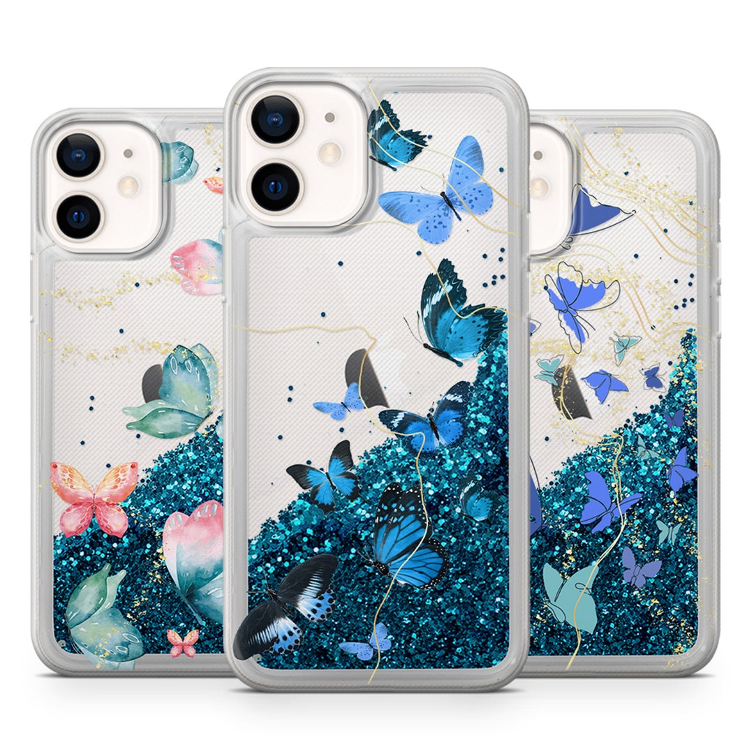 Blue Butterfly Liquid Glitter iPhone Case: Floating Gold Quicksand Cover 