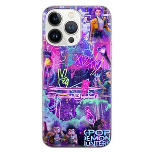 May include: Transparent phone case with a neon design featuring K-Pop-inspired characters and text. The case has a purple and blue colour scheme with illustrations and the words "KPOP DEMON HUNTERS".