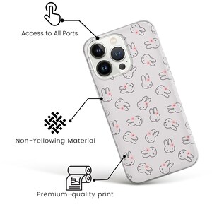May include: A clear phone case with a white background and a repeating pattern of small pink-nosed bunnies. The case is designed to fit a phone with a triple-lens camera.