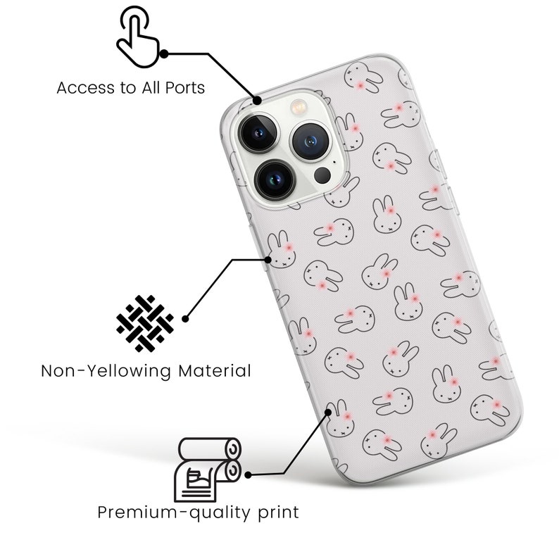 May include: A clear phone case with a white background and a repeating pattern of small pink-nosed bunnies. The case is designed to fit a phone with a triple-lens camera.