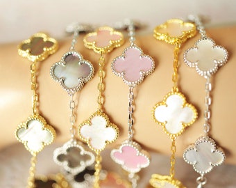 Five MOP Clover Bracelet, 5 Mother Of Pearl Five Clover White, Pink, Gray MOP Clover, Gold Plated 925 Silver, 5 Four Leaf Clover Bracelet