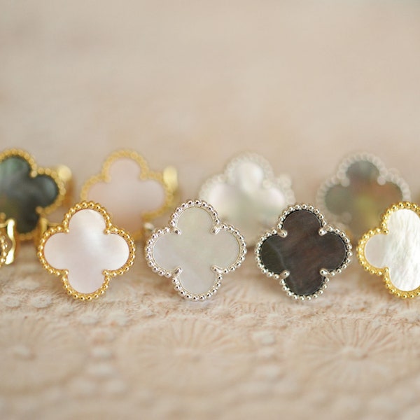 One Clover Earrings, White, Gray, Pink Mother of Pearl Clover in Gold Plated 925 Silver, Single MOP Clover Stud Earrings