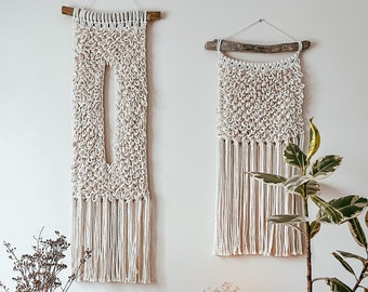 Textured modern macrame wall hanging in VABI SABI style, Set of two fibre wall hanging for modern interior decor, Minimal macrame wall art